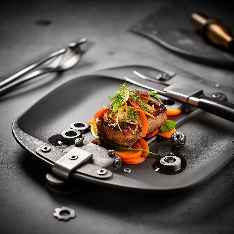 Detalle de emplatado gourmet con estética industrial y acabado profesional